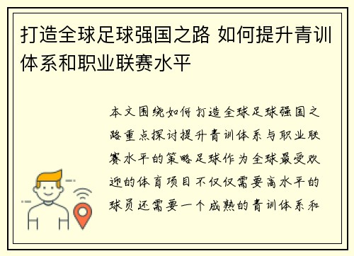 打造全球足球强国之路 如何提升青训体系和职业联赛水平