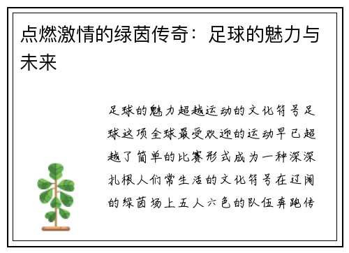 点燃激情的绿茵传奇：足球的魅力与未来