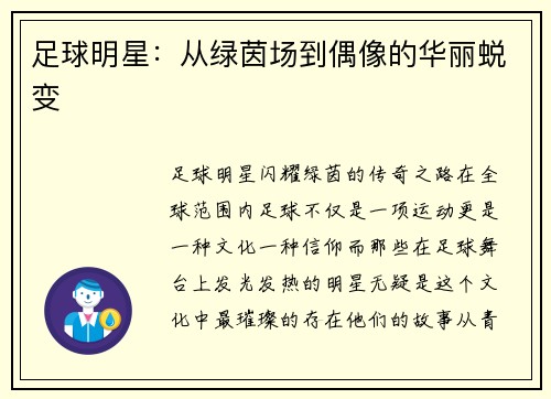足球明星：从绿茵场到偶像的华丽蜕变