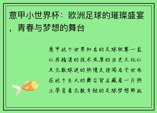 意甲小世界杯：欧洲足球的璀璨盛宴，青春与梦想的舞台